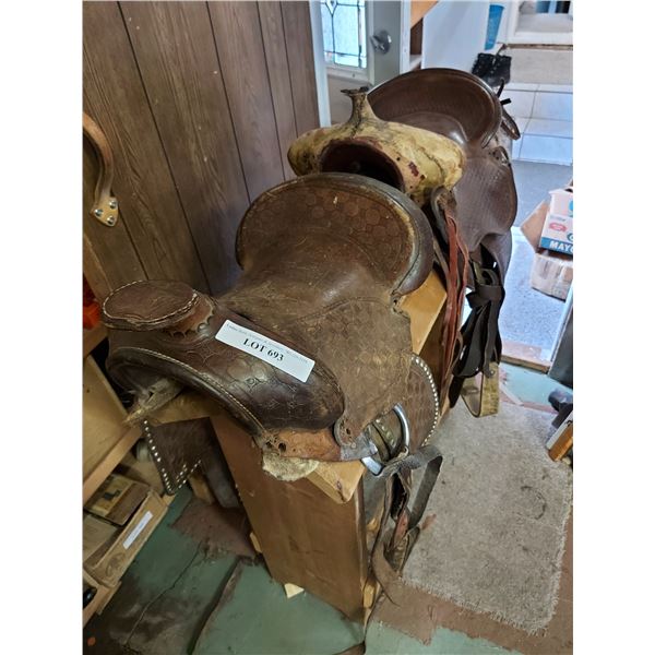 Saddle horse (needs repair), 2 decorative saddles - need TLC, 1 set of stirrups