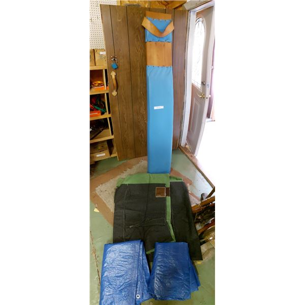 Homemade back board with leather band and cushions, unfinished horse blanket, 2 blue tarps with rive