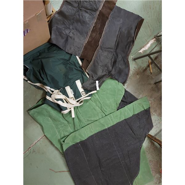 Unfinished canvas horse cover, finished horse cover/shell, unfinished leather chaps