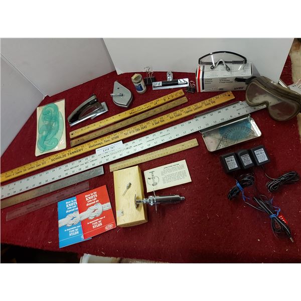 Shop sink - as is. Asst rulers, vintage O.M. Franklin heavy duty hypodermic syringe with lock adapte