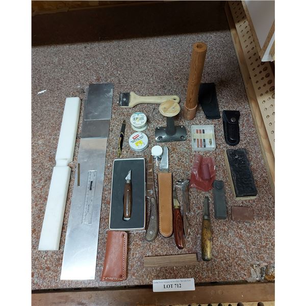 Asst leather working tools, knives. Soldering paste and wire