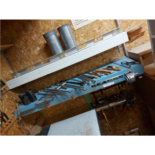 Level, leather tools, asst shop supplies