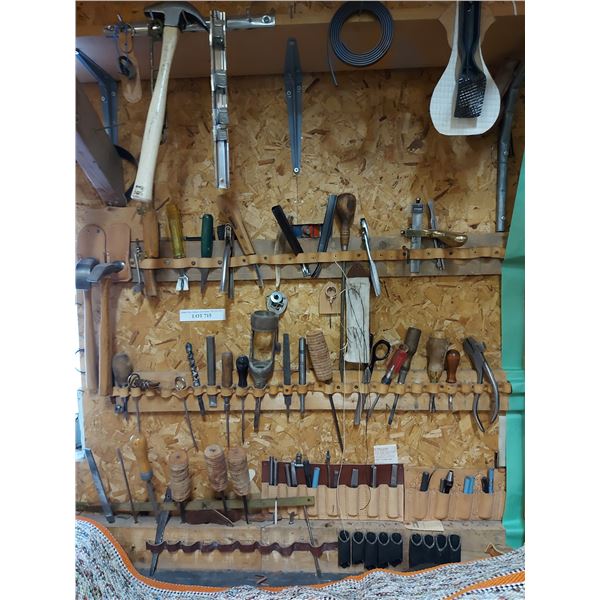 Hammers, leather/woodworking tools, scissors, shop tools