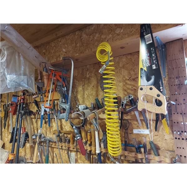Saws, files, hammers, wire strippers, staplers, glue gun, air compressor hose, bar clamps, drill bit
