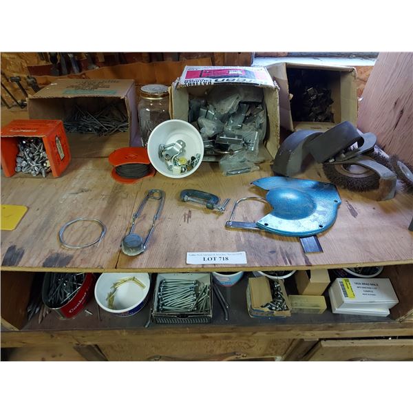 Asst screws and nails, staples, saw blades, galvanized stripping, shop equipment