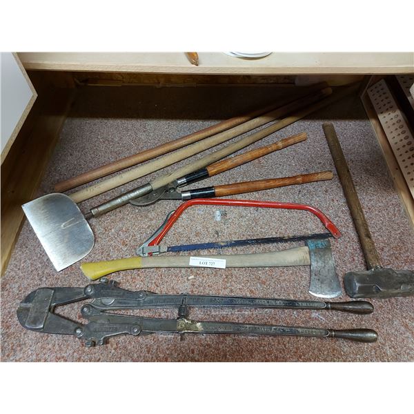Porter vintage New Easy bolt cutters, axe, saw, sledge hammer, clippers ice chipper, 2 dowling pcs