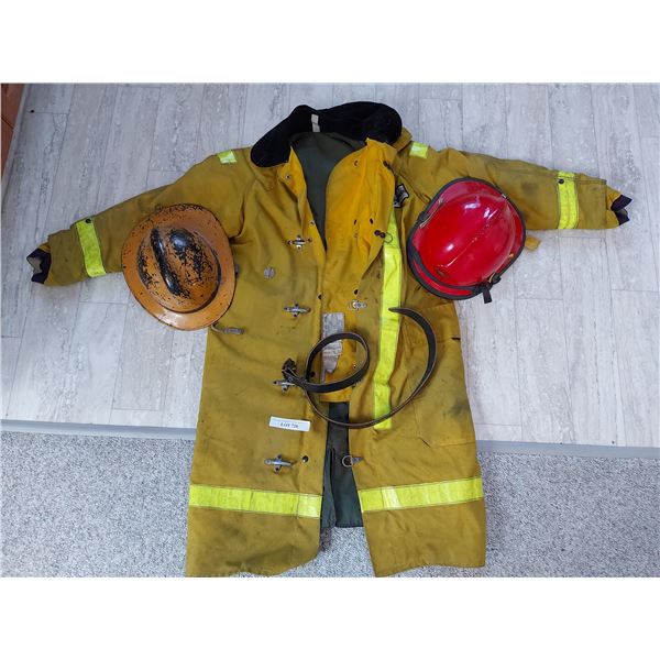 2 firefighter helmets, fireman coat, leather belt, pin