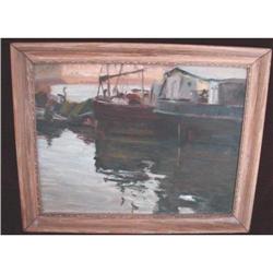 C.1930 GLOUCESTER HARBOR OIL ON PANEL OF SHIPS #2322906