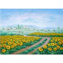 ORIG LG OIL PAINTING SUNFLOWER FIELD IN ITALY #2323161