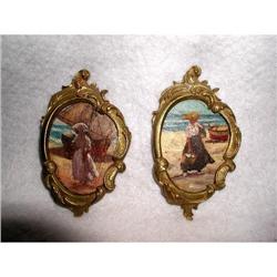 Oil Paintings On Wood Bronze Frames 19th C #2333357