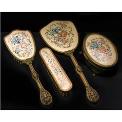 Embroidered Petit Point Silk & Brass Vanity Set#2333704