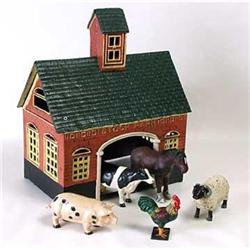 CAST IRON FARMHOUSE BARN W 5 PAINTED ANIMALS #2346145