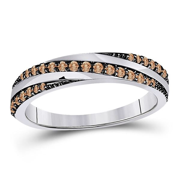 Round Brown Diamond Diagonal Stripe Band Ring 1/4 Cttw 14KT White Gold