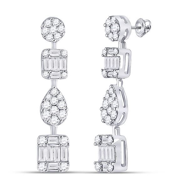 Round Diamond Baguette Square Dangle Earrings 1-1/3 Cttw 14KT White Gold