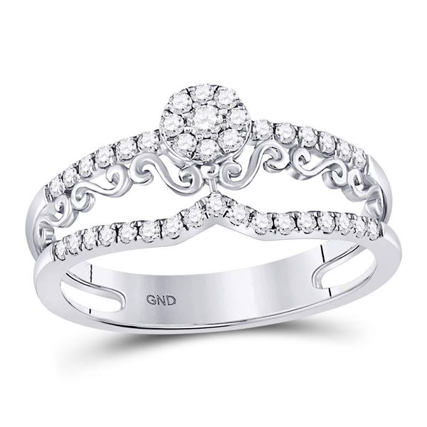 Round Diamond Scroll Cluster Ring 1/3 Cttw 14KT White Gold