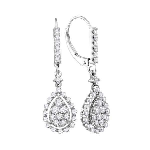 Round Diamond Teardrop Frame Cluster Dangle Earrings 7/8 Cttw 14KT White Gold