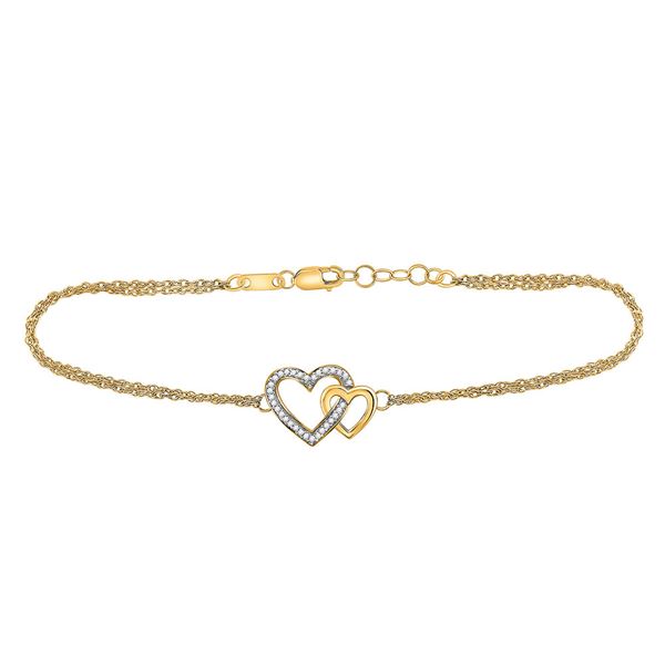 Round Diamond Double Heart Bracelet 1/10 Cttw 10KT Yellow Gold