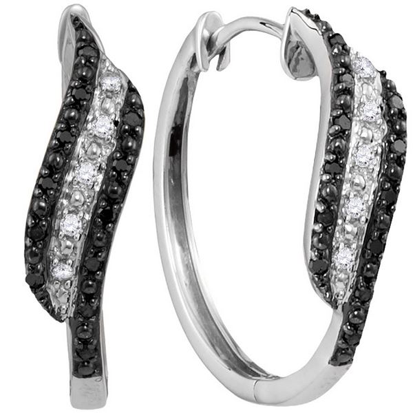 Round Black Color Enhanced Diamond Hoop Earrings 1/5 Cttw 10KT White Gold