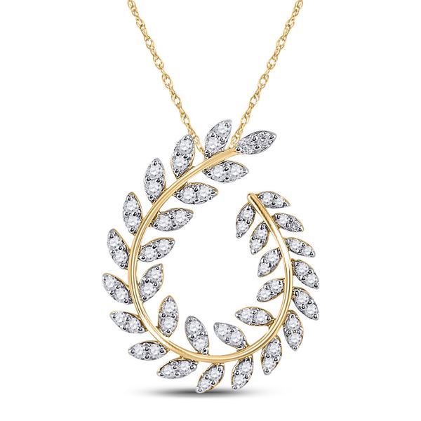 Round Diamond Vine Leaf Teardrop Pendant 3/4 Cttw 14KT Yellow Gold