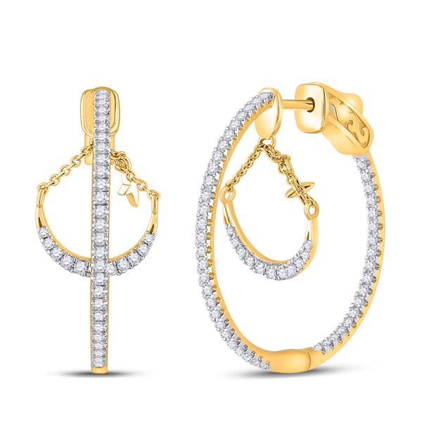 Round Diamond Dangle Hoop Earrings 1 Cttw 14KT Yellow Gold