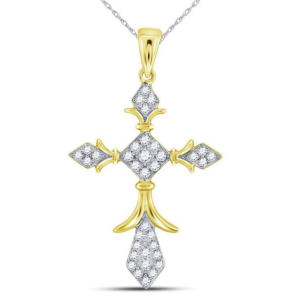 Round Diamond Fleur Cross Pendant 1/4 Cttw 14KT Yellow Gold