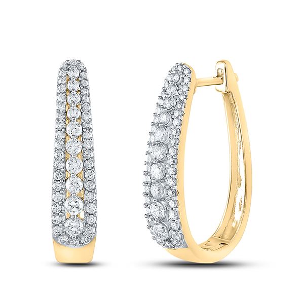 Round Diamond Oblong Hoop Earrings 7/8 Cttw 10KT Yellow Gold