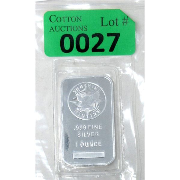 1 Oz. .999 Fine Silver Sunshine Mint Bar