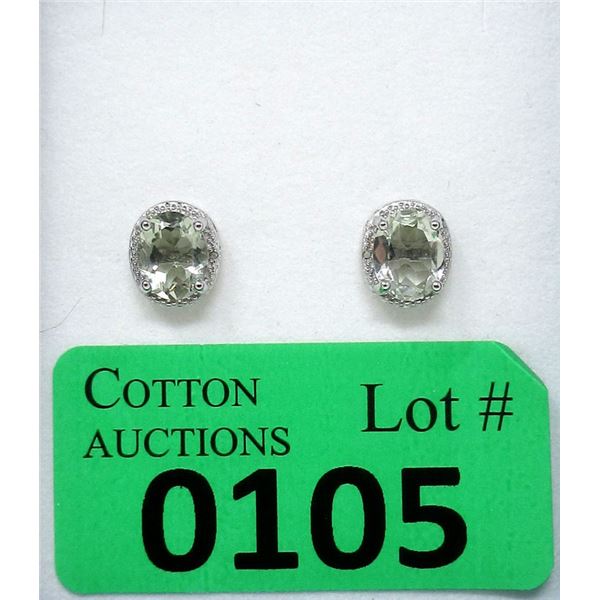 Sterling Silver Green Amethyst & Diamond Earrings