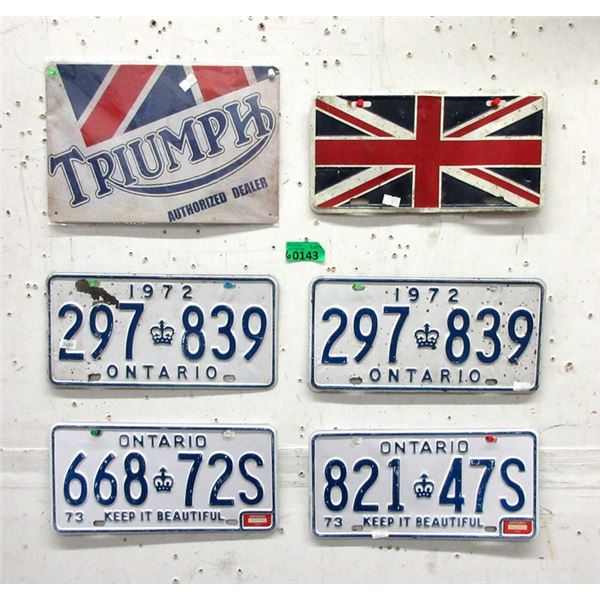 4 Ontario 1970s License Plates & 2 Metal Signs