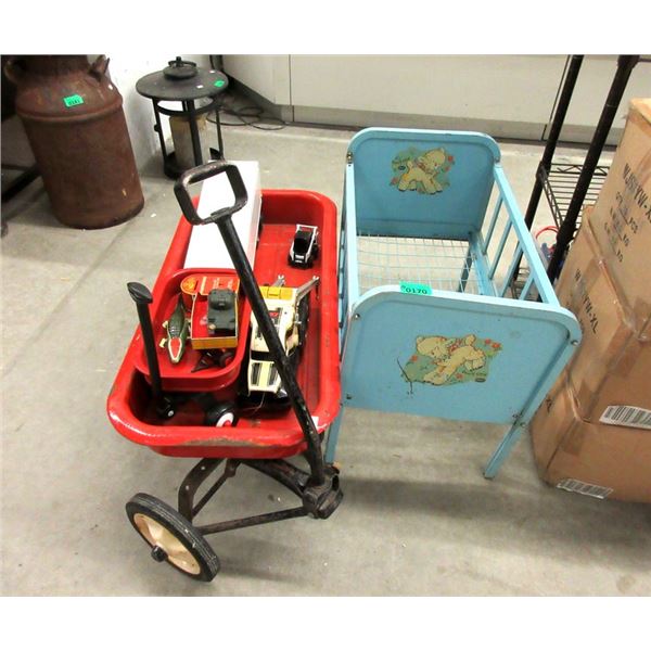 Child's Wagon, Toy Crib, and Assorted Toys