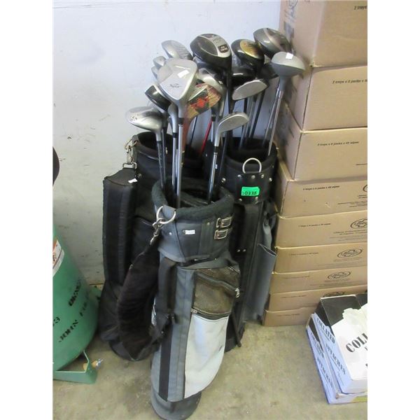 3 Golf Bags with Assorted Clubs