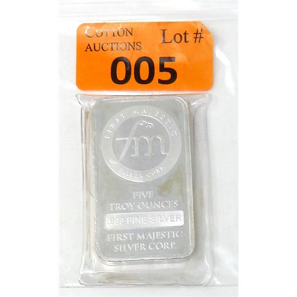 5 Oz. .999 Fine Silver First Majestic Mint Bar