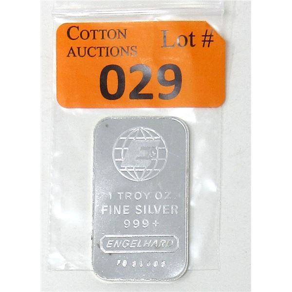 1 Oz. .999+ Fine Silver Engelhard Bar