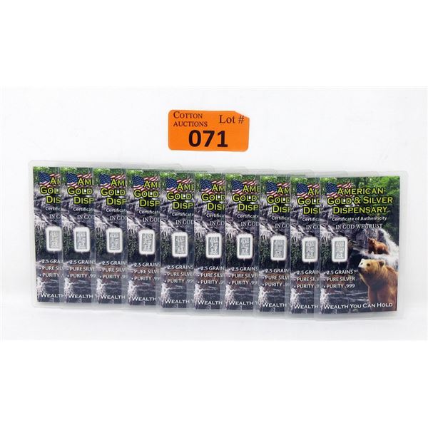 Ten 2.5 Grain .999 Fine Silver Grizzly Bear Bars