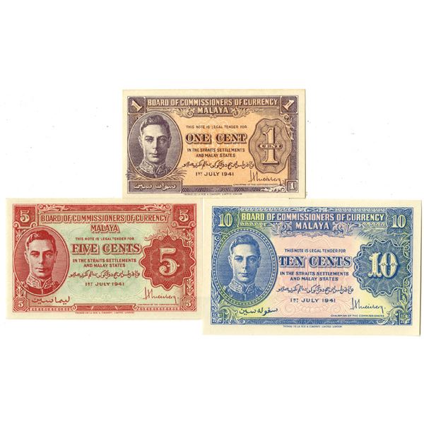 Board of Commissioners of Currency, Malaya, 1941-1945 Trio of Issued Banknotes