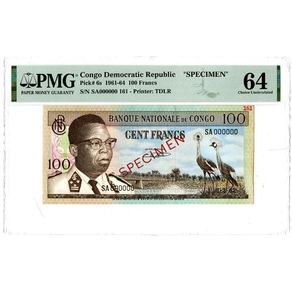 Banque Nationale du Congo. 1962 Specimen Banknote.