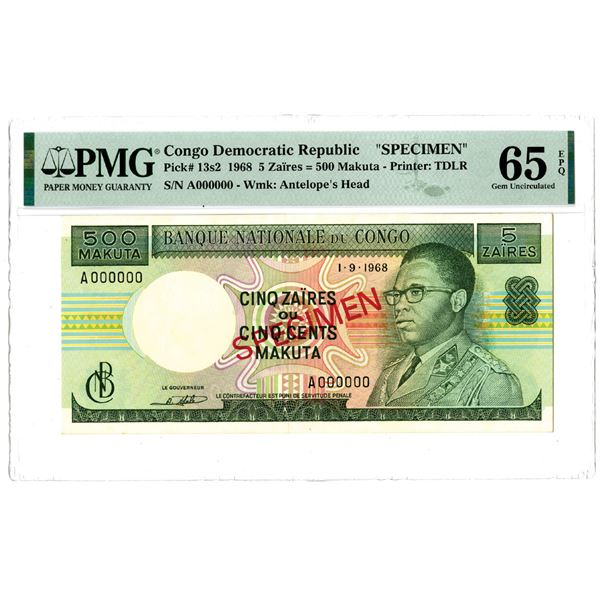 Banque Nationale du Congo. 1968  Specimen Banknote.