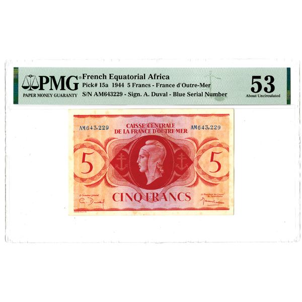 Caisse Centrale de la France d'Outre-Mer. 1944 Issue Banknote.