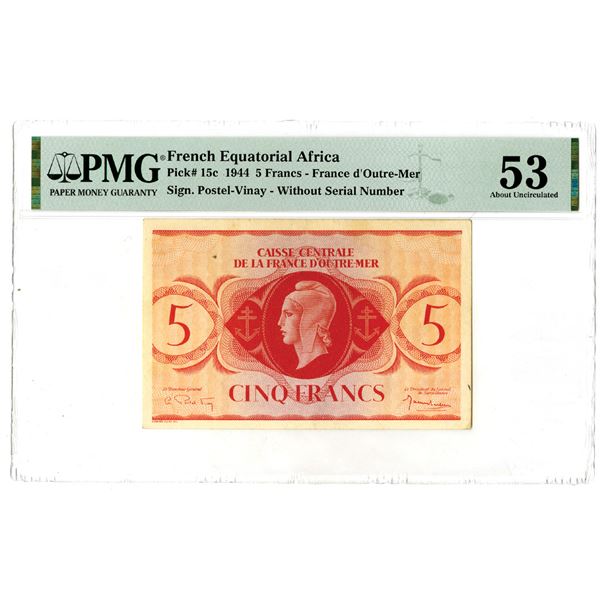 Caisse Centrale de la France d'Outre-Mer. 1944 Issue Banknote.