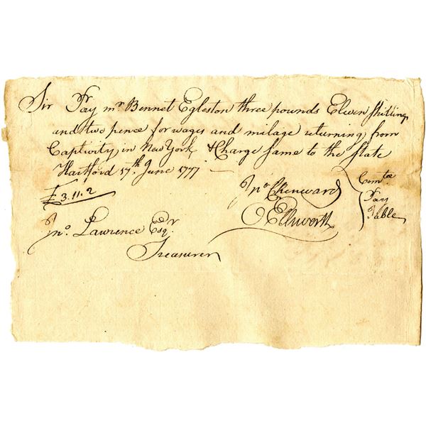 Revolutionary War Connecticut 1777 Promissory Note for Wages and Revolutionary War Connecticut 1777 Promissory Note for Wages and