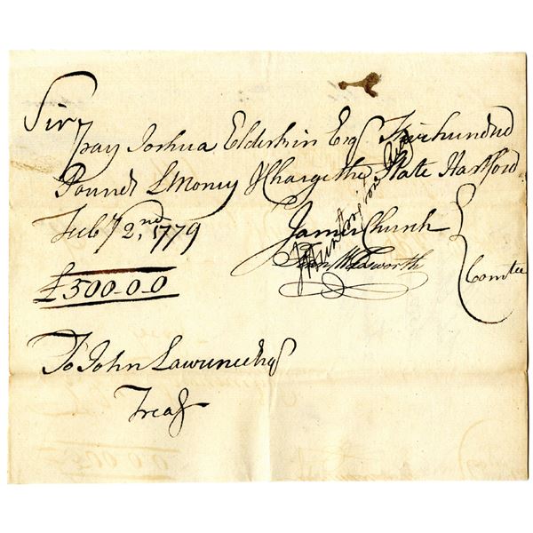 Revolutionary War Connecticut, 1779 Promissory Note Signed by Fenn Wadsworth & Jedediah Huntington