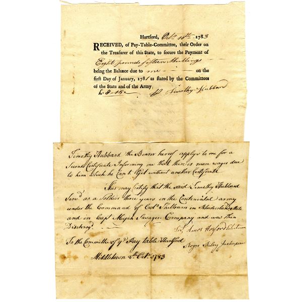 Revolutionary War Connecticut, 1783 Matching Promissory Note and Certificate Pair