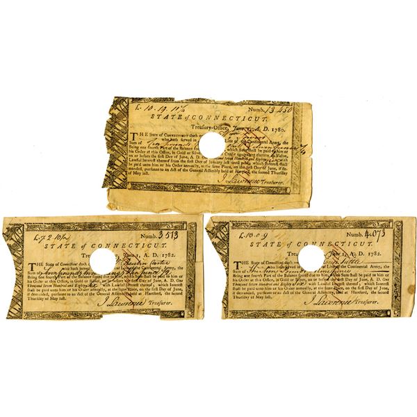 State of Connecticut, 1780-82 Treasury Office "Continental Army" Payment Trio