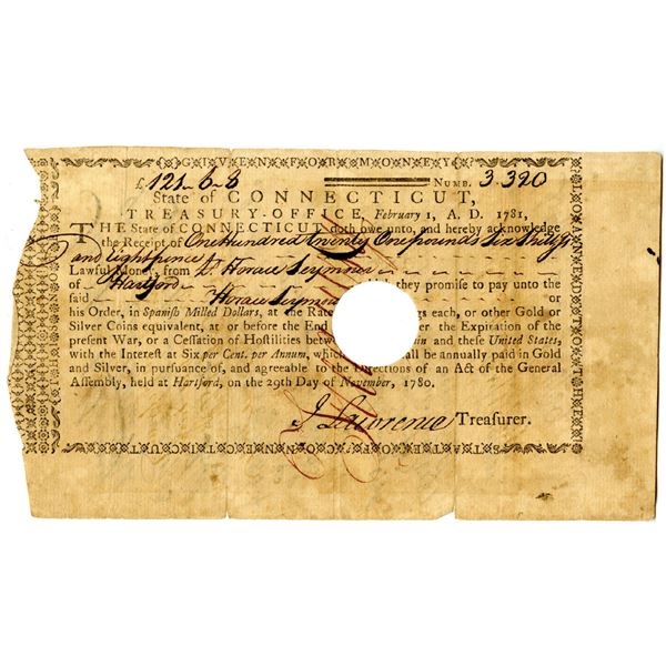 State of Connecticut, 1781 Treasury Office Note for Loan Payable in Spanish Milled Dollars and One o