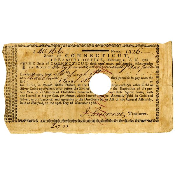State of Connecticut, 1781 Treasury Office Note for Loan Payable in Spanish Milled Dollars and One o