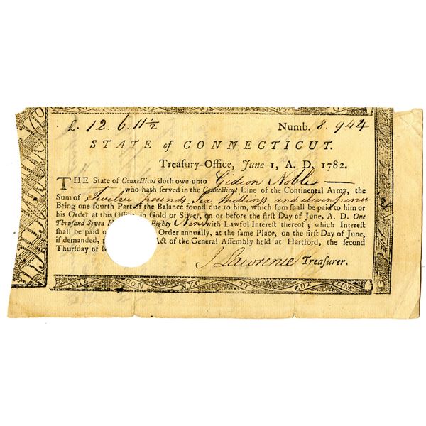 State of Connecticut, 1782 Treasury Office "Continental Army" Payment