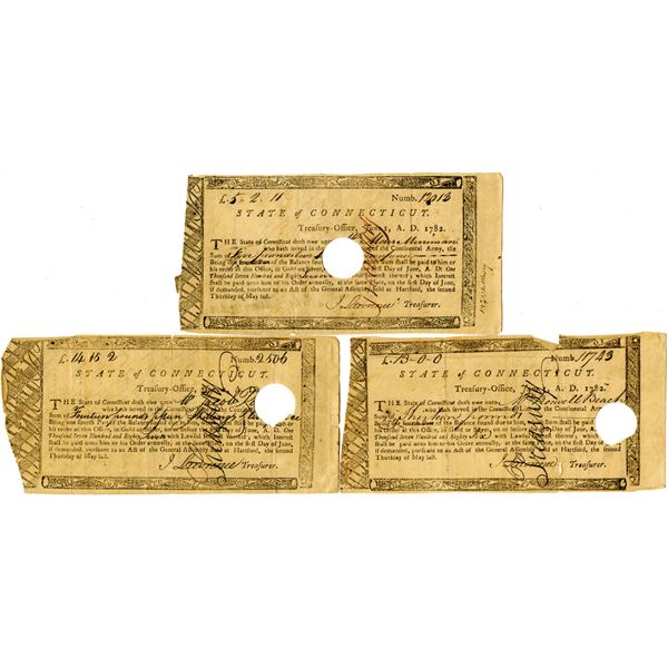 State of Connecticut, 1782 Treasury Office "Continental Army" Payment Trio
