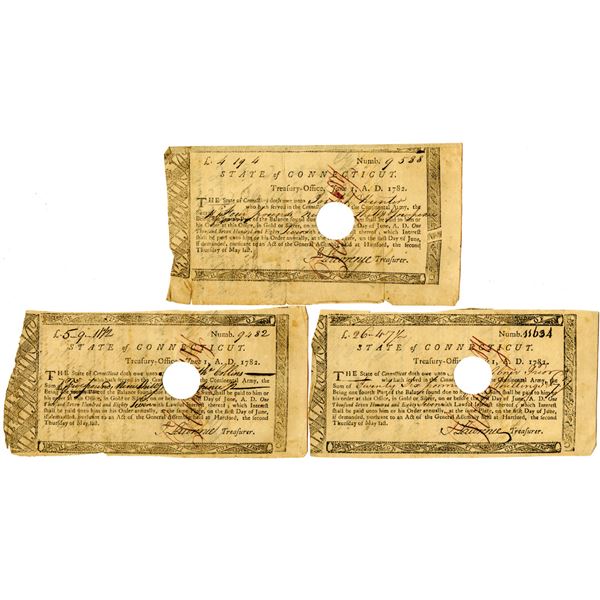 State of Connecticut, 1782 Treasury Office "Continental Army" Payment Trio