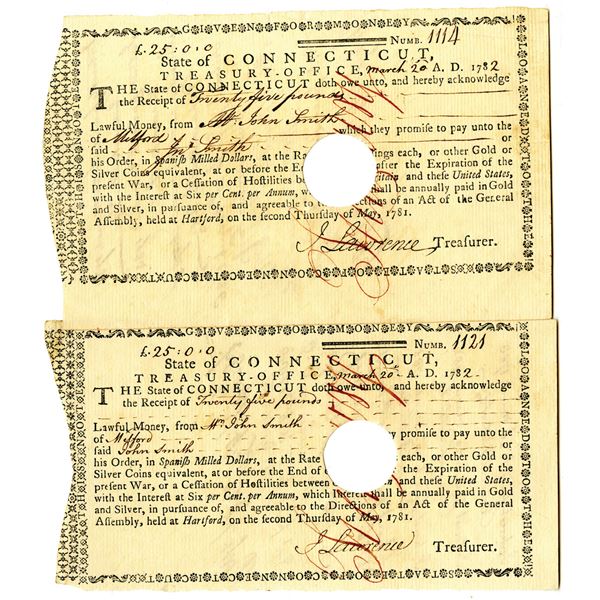 State of Connecticut, 1782 Treasury Office Note for Loan Pair Payable in Spanish Milled Dollars and 