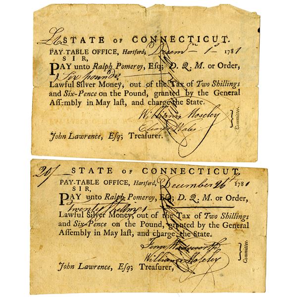 State of Connecticut, Pay-Table Office, 1781 Tax Pair Signed by Fenn Wadsworth and William Moseley